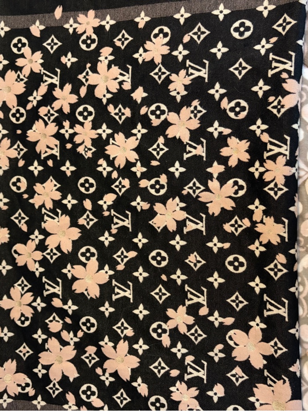 Black Scarf with Pale Pink Monogram Floral.